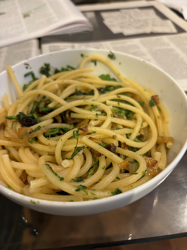 Salerno-style Bucatini or Maccheroncini with Broccolini, Pine Nuts and Raisins