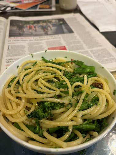 Sicilian-style Bucatini or Maccheroncini with Broccolini, Pine Nuts, Raisins and Saffron